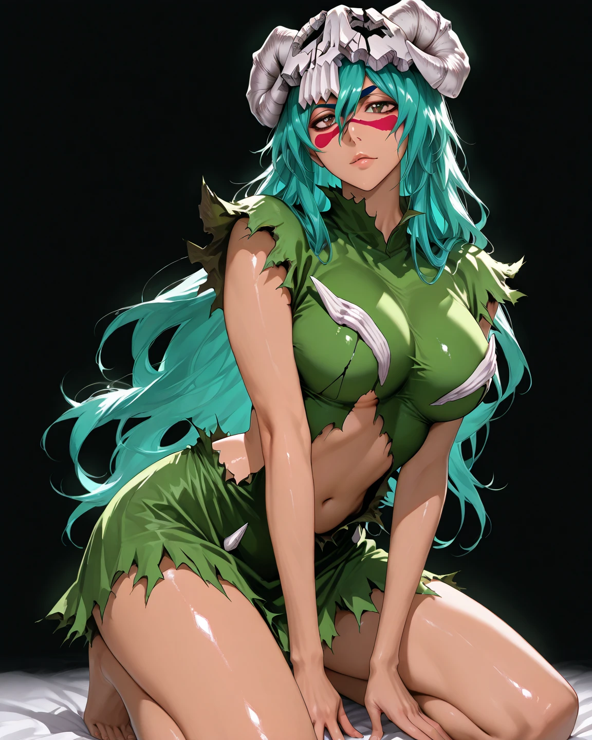 Nelliel to Order Schwank, green hair, yellow eyes, skull, Face mark, smile, parted lips, Happy, torn clothes, White desert, Pitch black sky, Pitch black sky