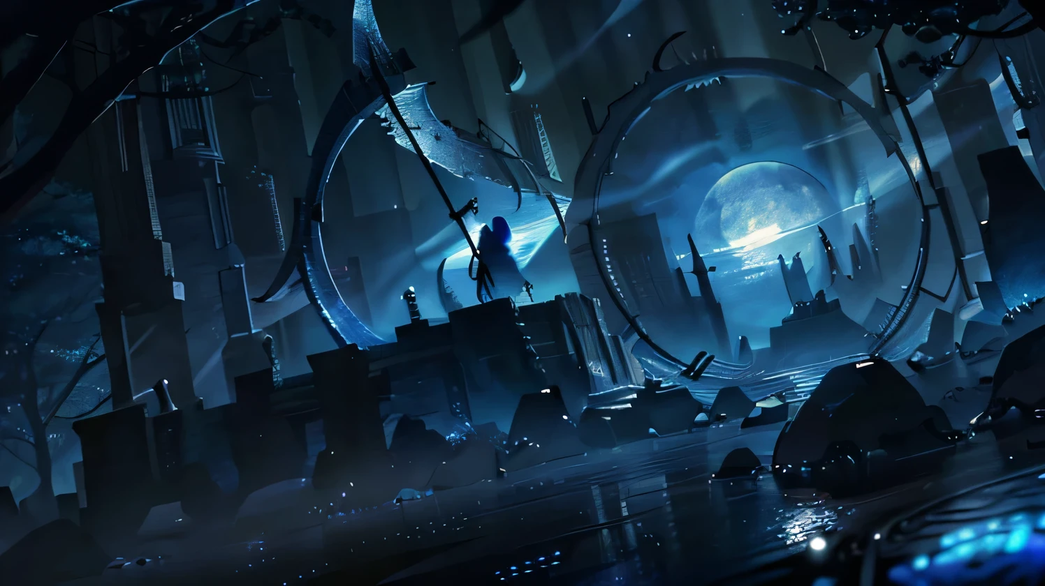 Stargate, scenery, reflection, blue theme, light rock, ruins, pillar, temple,
see-through silhouette, backlighting, ((best quality)), ((masterpiece)), high resolution, sharp focus, (ultra detailed, highly detailed), (highly detailed CG unity 8k wallpaper), (((vibrant colors))), {best illustration}, very shiny skin, shiny body, plastic glitter skin, exaggerated shiny skin, illuminated skin, (oily skin), (glistening skin:1.2), Detailed skin, ((complete anatomy)),5本の指, betterhand, JedahMidnightBliss, 1girl, very long hair, blonde hair, large breasts, red eyes, hair between eyes, pointy ears, colored skin, (blue skin:1.5), demon girl, red lips, horns, (Long-hemmed black dress), bare shoulders, sleeveless, navel, Gold accessories, gold chains,(bottomless:1.5), see-through silhouette, backlighting, Flying in the sky at night, (Dutch angle shot: 1.5), angle from below, Moonlight, (Cathedral Castle), Old castle, Beautiful night sky, Meteor shower, Huge moon, Very bright, Clear blue moon, (With the Grim Reaper's Scythe: 1.5), 傲慢な表情, 横暴な笑顔, (dark, rich background with subtle textures:1.2),(dramatic baroque lighting, chiaroscuro style:1.3), (strong contrast of light and shadow highlighting :1.3), (lens for soft bokeh:1.3), (shallow depth of field focused on the :1.3), (high resolution for fine detail:1.3), (Burning fire effect),