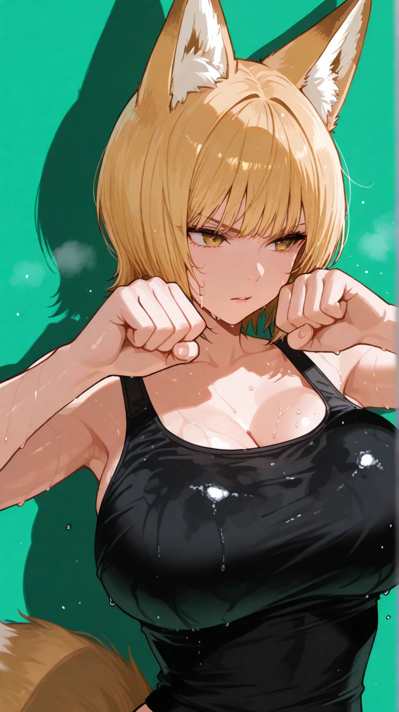 masterpiece, best quality, aya brea, looking at viewer, large breasts, upper body, portrait, seductive smile, put your hands behind your head, armpits, armpits visible, sweaty armpits, wearing black tanktop