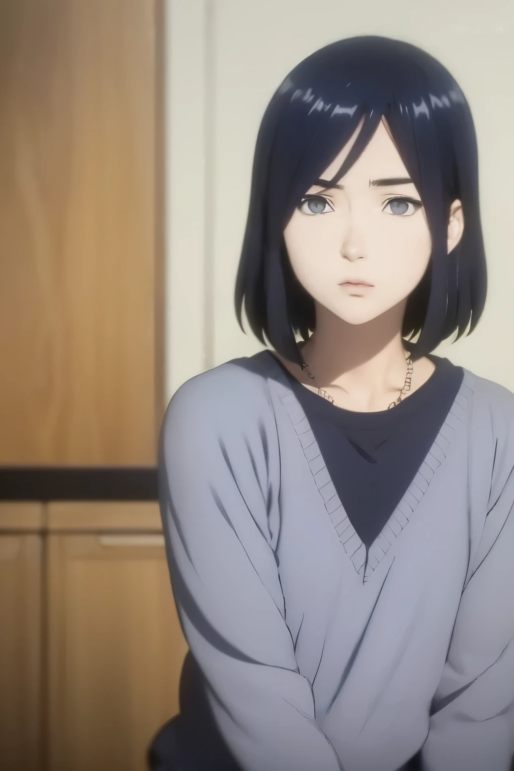 an hiperealistic shot of hinata(shippuden), ((izumi Nase)), Detailed eyes, short hair, straight hair, (sweet woman), anime style, ((sweet woman)), ((delicated)), without bangs, ((navy hair))
((mature)), ((woman)), ((hiper detailed)), sweet earnings, (((shonen style))), ((mature))