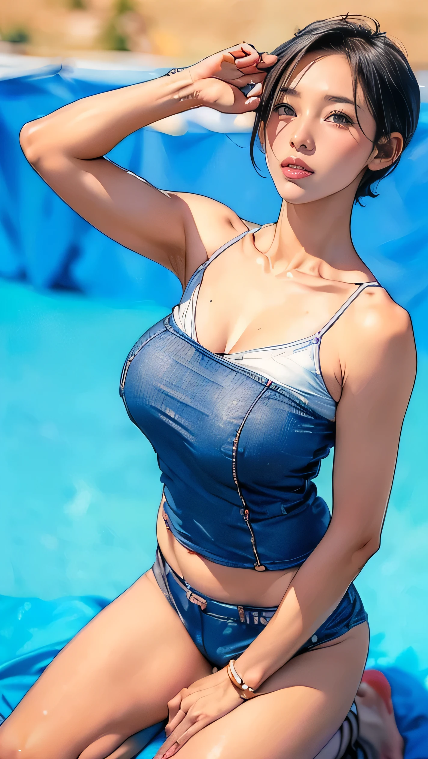 8K,Brown short hair,Pretty American woman,Super Beauty(Like the real thing),Colorful summer clothes,Shorts,Big smile,Lakeside,Perfect Anatomy,charm,Volume measurement,Body balance,Digital single-lens reflex camera, Soft lighting, Detailed Background, Written boundary depth, Volumetric lighting, Sharp focus, Absurd, Realistic proportions, Excellent anatomy, (Realistic, 超Realistic:1.4), 16K HDR, dawn,A High Resolution,super Realistic 肌,Super beautiful expression,Fantasy art,Character Art,Wind effects:1.9、Cloud Effect:1.2、Full Rendering、Professional quality high resolution、Perfect contrast、Perfect lighting、Perfect composition、Perfect Skin、Perfect Fingers、Perfect breasts、Perfect Hair、Perfect Face、Realistic facial features,super highest quality,Slim figure,Perfect body line,Perfect hand shape,Anatomical body balance,Highly detailed face,Highly detailed eyes,Beautiful Lips,Excellent light particles,Cinema Lighting,Makeup,Ultra-high resolution,Ultra-Realistic Skin,Dynamic pose,Blue Eyes,