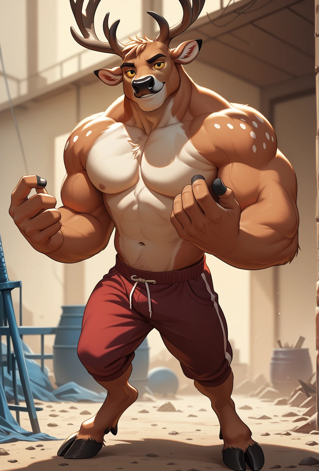 by personalami, by meesh, by honovy, by taran fiddler, male, solo, anthro (bovine), adult, ((photorealistic, hyperrealistic, ultra detailed, 4k hd)), natural pose, (muscular, large pecs:1.3), ((standing)), ((red wrestling singlet)), ((looking at viewer, confident smile)), bulge, ((pose:1.2)), ((locker room background))