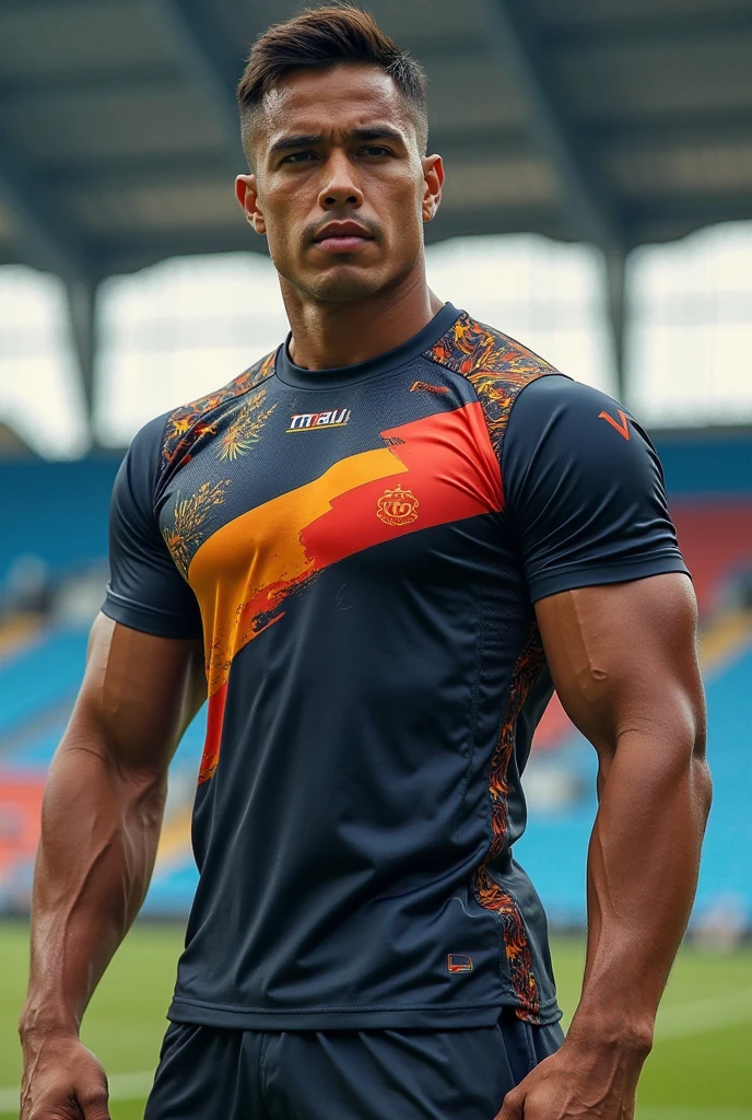 man from samoa, 60 years old, very muscular body, long gray hair, football coach, thin moustache, at a football field, many tribal tattoos, wearing orange polo shirt and orange pants