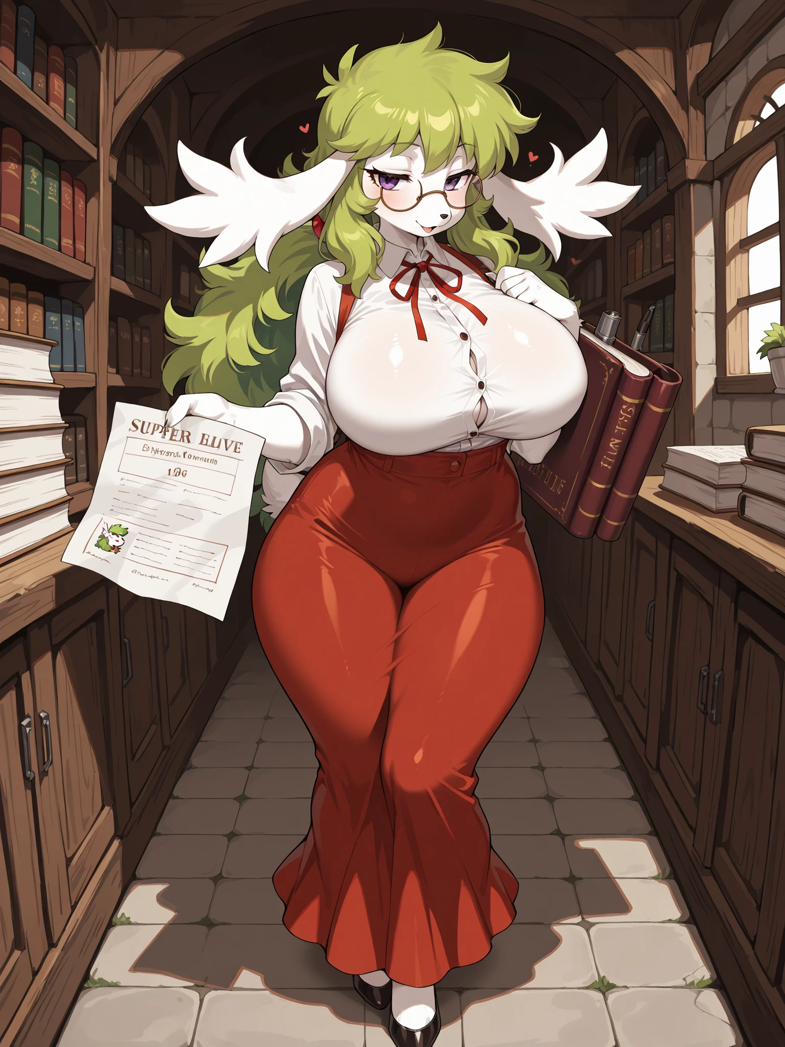 (masterpiece, best quality), hairy:1.3, snout:1.5, The second:1.3, hairy:1.2, snout:1.5, Amazing Quality, very aesthetic, absurd, highres, new , HDR-10, 8K, Cinematic, professional photo, a full body girl, (((Shaymin en forma de cielo:1.25))), animal ears, (white fur:0.86), big breasts, big breasts, (Small but curvy), long skirt, glasses, Alone , (((seductive expression))), (((dressed like a vintage librarian))), Gathering papers, flushed cheeks, afternoon library, detailed background, underground dispersion, translucent, brilliant, SSS, of the highest quality, atmospheric haze , Illusp0s , (super quality:1.2),