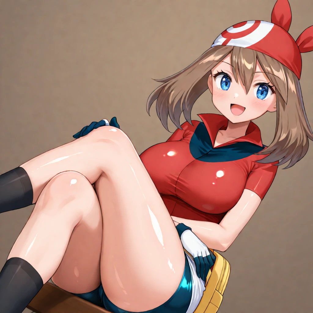 anime boy in red dress and white hat leaning on a blue toy, beautiful anime boy squatting, the anime boy is crouching, male protagonist 👀 :8, pokemon trainer, electrode, bending over, pokemon anime style, for pokemon red and blue, high quality fanart, hugging his knees, popular on pixiv, at pixiv, pokemon trainer outfit, bulge