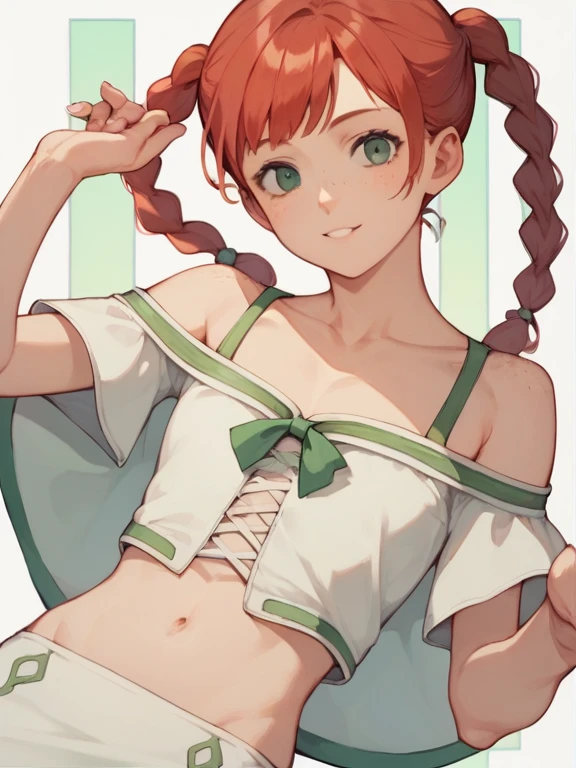 School Swimwear – Green Eye Hair Ornament、red hairs、Ahoge、twin drills、