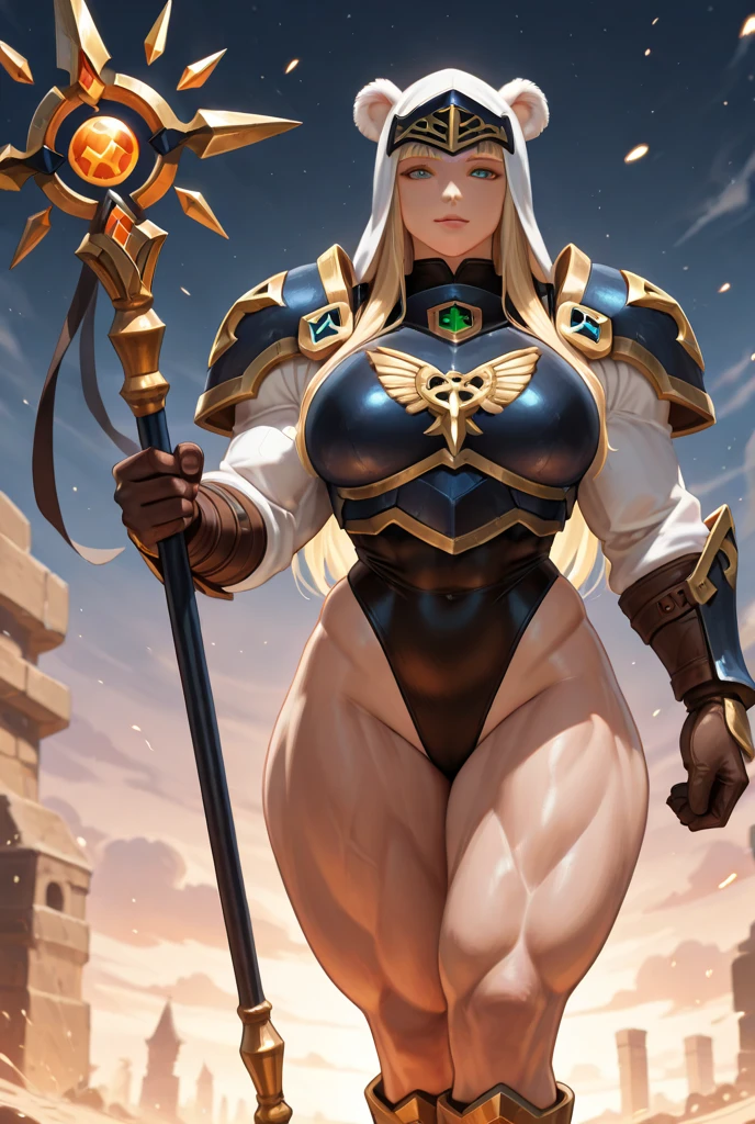1 black female elf, long hair, white hair, elf ears, gray eyes, thin lips, round face, dark skin, huge breasts, wide hips, wearing elven battle armor, cold and arrogant look, standing on the battlefield holding a spear