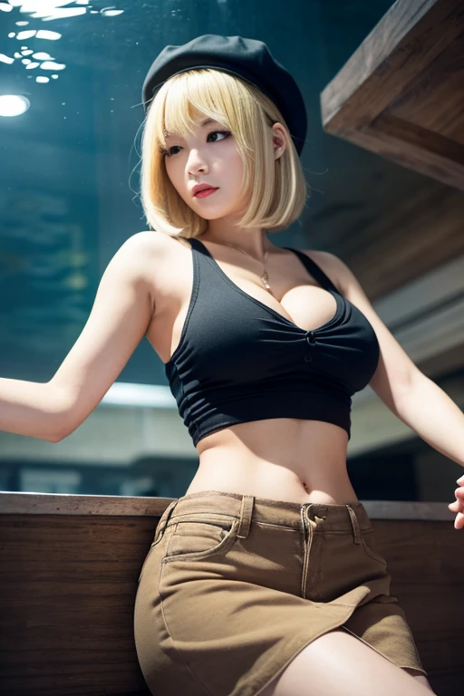 best quality, alta resolução, E18, 1girl em, Android 18, sozinho, blonde hair, olhos azuis, short hair, brincos, jewelries, (Jeans sem mangas)coletes), colete aberto, (Black pantyhose), (black sport bra), (minissaia jeans), mini saia azul, medium breasts, cowboy shot, (Pose with your buttocks out and turning around),rua,Melhor tiro, (Externally expanded Chest: 1.2),