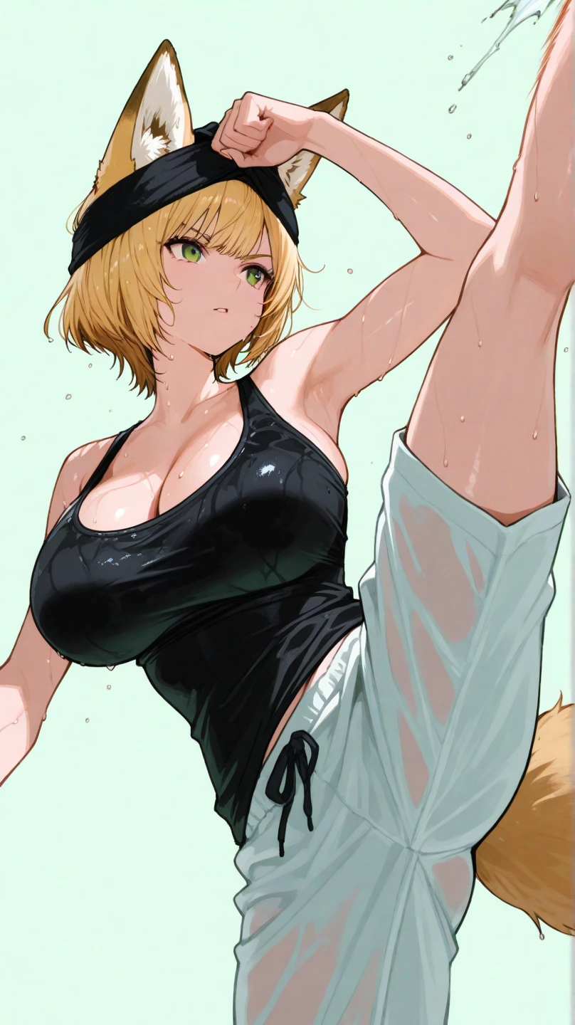 Cutesexyrobutts style, 1girl, animal_ears, breasts, siege_(arknights), solo, red_shorts, lion_ears, cleavage, jacket, tail, shorts, choker, long_hair, fur_trim, large_breasts, black_jacket, crossed_legs, food, bare_shoulders, fur-trimmed_jacket, black_choker, mouth_hold, off_shoulder, sitting, thighs, looking_at_viewer, tank_top, lion_tail, brown_hair, fur-trimmed_shorts, ponytail, short_shorts, brown_eyes, open_jacket, shirt, white_tank_top, hair_between_eyes, collarbone, open_clothes, blonde_hair