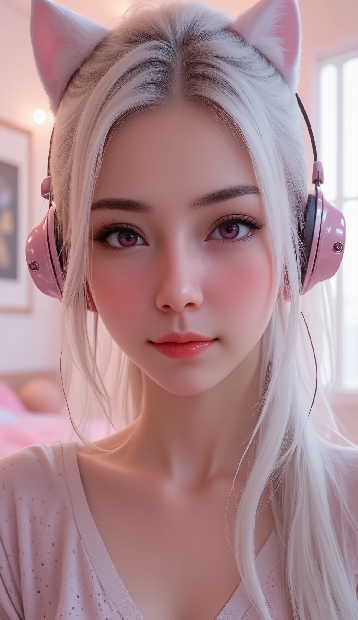 1 girl, sexy 18 year old girl , girl with long white hair, pink eyes, futuristic vibes, cat headphones, 8k, high quality, simple background, glowing eyes, nice pose , pigtails, beautiful face, gorgeous, beautiful, beautiful, beautiful face, pale skin, parts, white hair, wolf ears, Blue eyes, full and shiny lips, big lips, thick lips, half-open lips , light pink lip gloss , mask, skinny thighs, petite body, , skinny, flat chest, skinny, body(body heigth), Big Head, innocent look, Young face, long pink nails, choker, feet and heels hd, micro plaid skirt , off her shoulders white tank top, white tight gathered stockings, black patent leather high heels, sweaty, on knees in a bedroom with candles and a soft warm light. (looking up at viewer) The colors of the room are pink and white , (XLabs F.1 Realism LoRA V1), Live-Action, Real, a cute young girl, beautiful Reflective eyes, beautiful detailed lips, extremely Delicate eyes and face, pink eyes, long eyelashes, sensual facial expression, mouth open, (8K HDR masterpiece), Super-detailed textures, NOGIZAKA Face variations, {Platinum Pink|Liquid hair}, wolf ears, Professional photo,face as she orgasms from sexual gratification,Mouth open Facial expressions are,She wants to lick your dick, white milk In mouth, { (from Directly Above) | No Cartoon }., stretched pussy, sensual fuck, riding cock, wet crotch, wet anus, grinding on cock, ass spread, size difference (moist skin), (sweaty skin:1.2), super detail, ((transparent liquid flowing only from vagina, soaked dripping:1.35)), pussy juice, perfect eyes , very detailed eyes, beautiful and expressive , detailed eyes , 35mm photography, Movie, bokeh, professional, 4k, Highly detailed dynamic lighting, photorealistic, 8K, raw, rico, intricate details , semi realistic, cinematic lighting, masterpiece, (perfect lighting:1.4), expressive! Exposed, (((nsfw, uncensord))), source_photo, source_anime, 8k, highest definition, RAW photo, DSLR, ultra-detailed, picture-perfect, best qualit