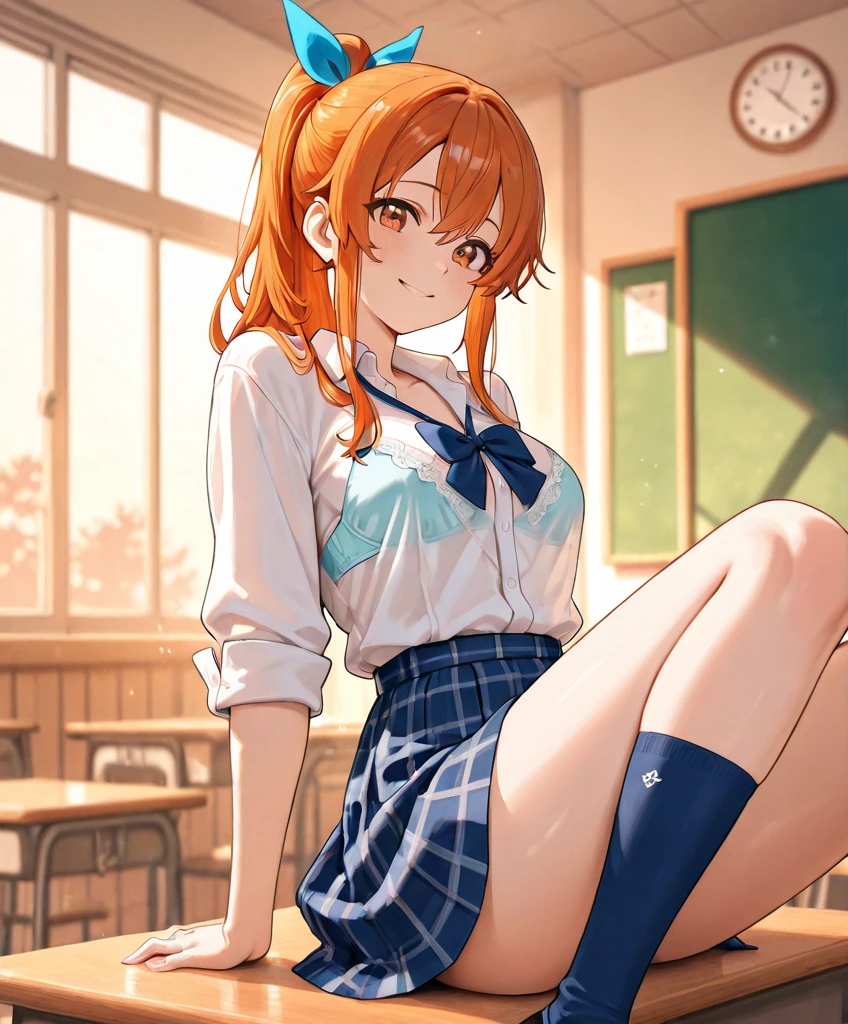masterpiece, best quality, nsfw,
1girl, summer , plaid skirt, orange hair, ponytail, smile, from front,
wet body, classroom,