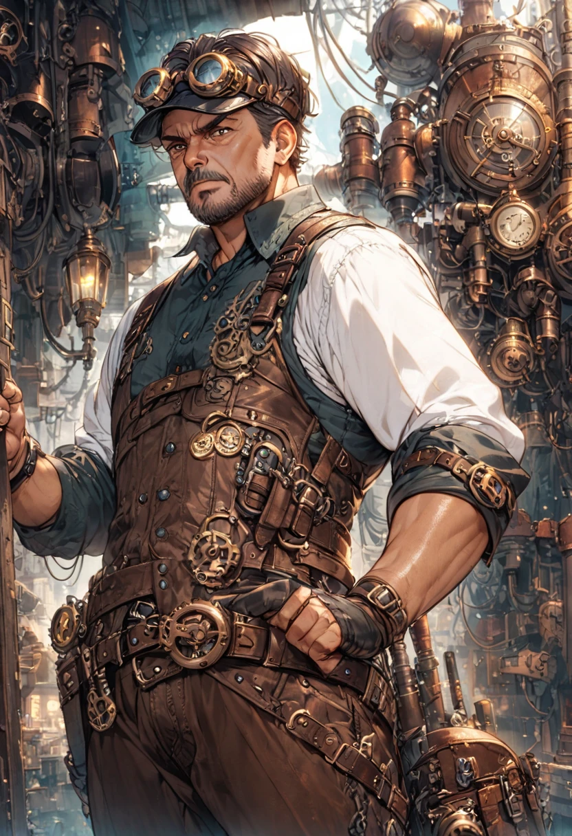 <lora:add_detail:0.4> <lora:FragRealityTech:0.5> (masterpiece, best quality, realistic, detailed, crisp:1.2), intricate details, fragrealitytech, (oil painting), (closeup of ohearn wearing an open trench coat), <lora:BabyDontHurtMeDogu:0.8> golden clocks, gears, cogs, cogpunkai mechanical parts, <lora:SteamPunkBundleV3:0.5>
