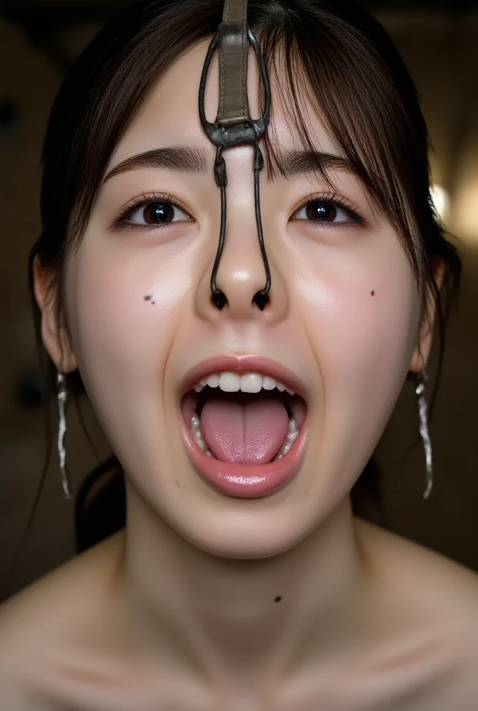 Tabletop,,Awards - Winning Photos, Very detailed, Face close-up、Focus your eyes, Nose and mouth,Face Focus, Woman with open mouth and closed eyes, Face Focus Close-up、50 years old,housewife、Black-haired、Symmetrical face,Realistic nostrils、Angle from below、Elongated C-shaped nostrils、Sweaty skin、Lighting that emphasizes skin shiny with sweat、((Sharp Nose))Skin shiny with sweat、Glowing Skin、Big eyes、double eyelid、(My tongue is wet and shiny) ((Wet tongue)) ((Berokisu))garden,In front of the mimosa flowers,Bandage on right hand、Embarrassed、