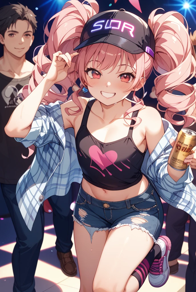 blair, a full naked girl, hair divided with highlights and a ponytail with a small pink bow holding the ponytail, light wine red hair, light honey eyes, slightly tanned skin, mouth with a light pink lipstick, female nipple