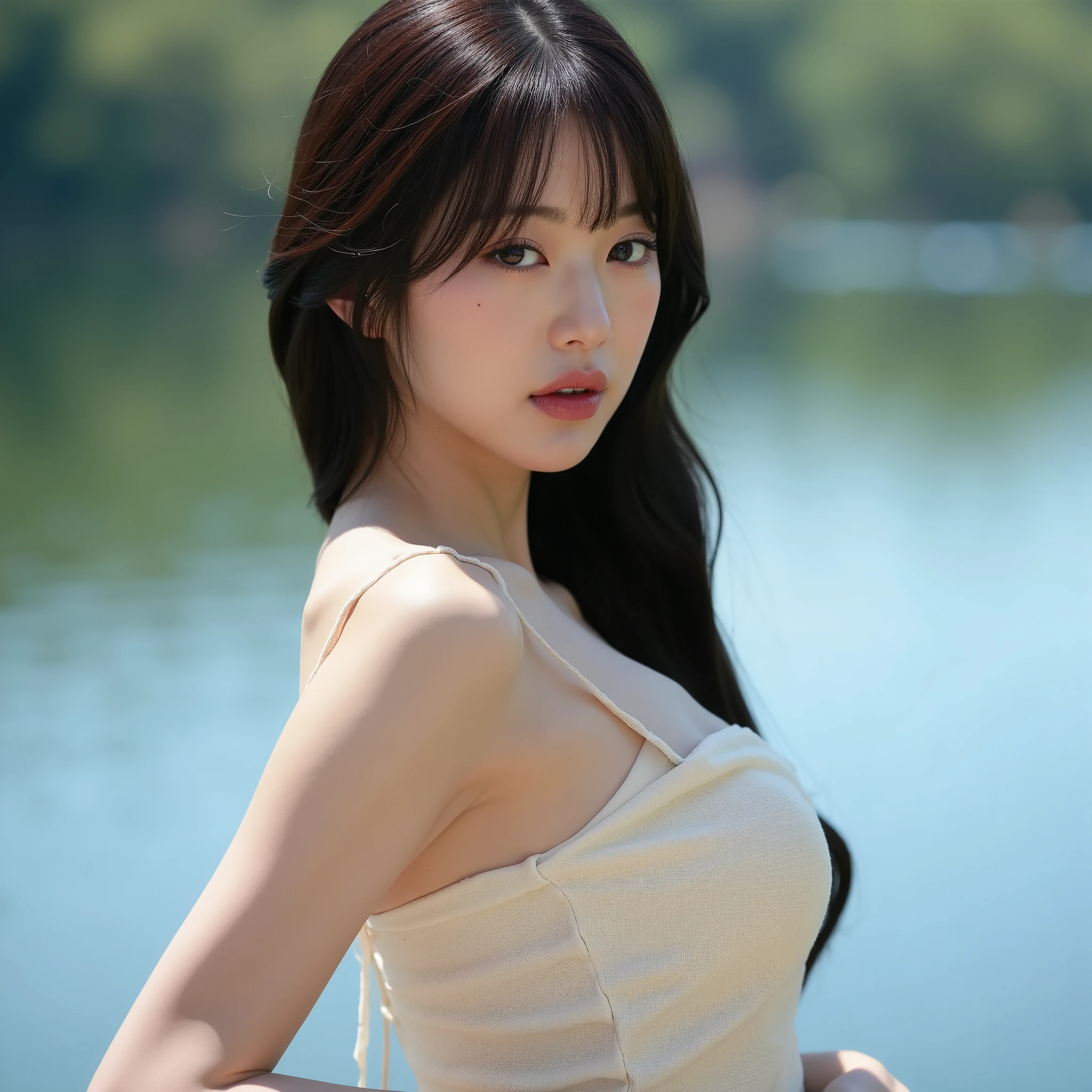 Beautiful 28-year-old korean with long hair and medium-sized breasts naked at a lake,  showing the chest side 