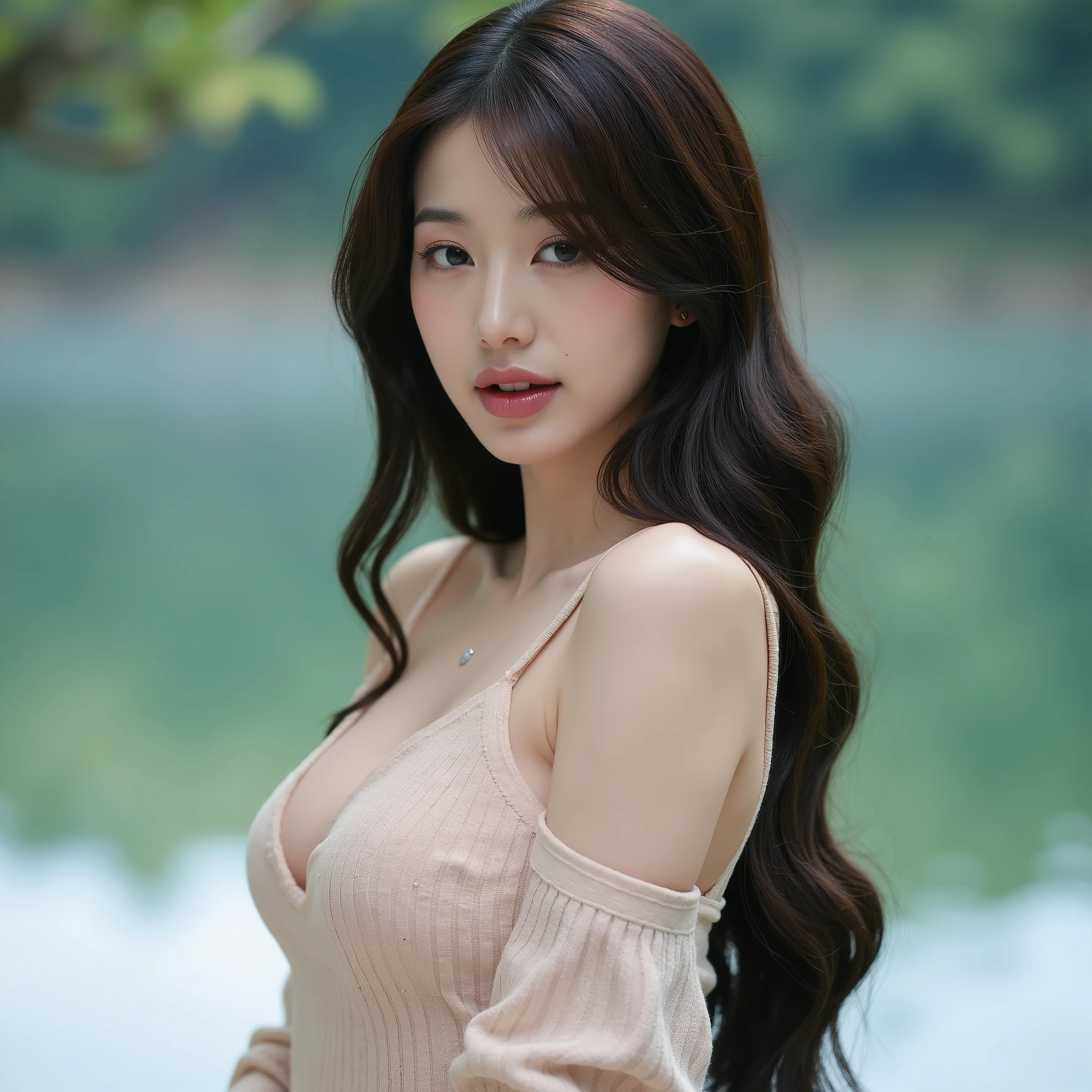Beautiful 28-year-old korean with long hair and medium-sized breasts naked at a lake, showing the chest side
