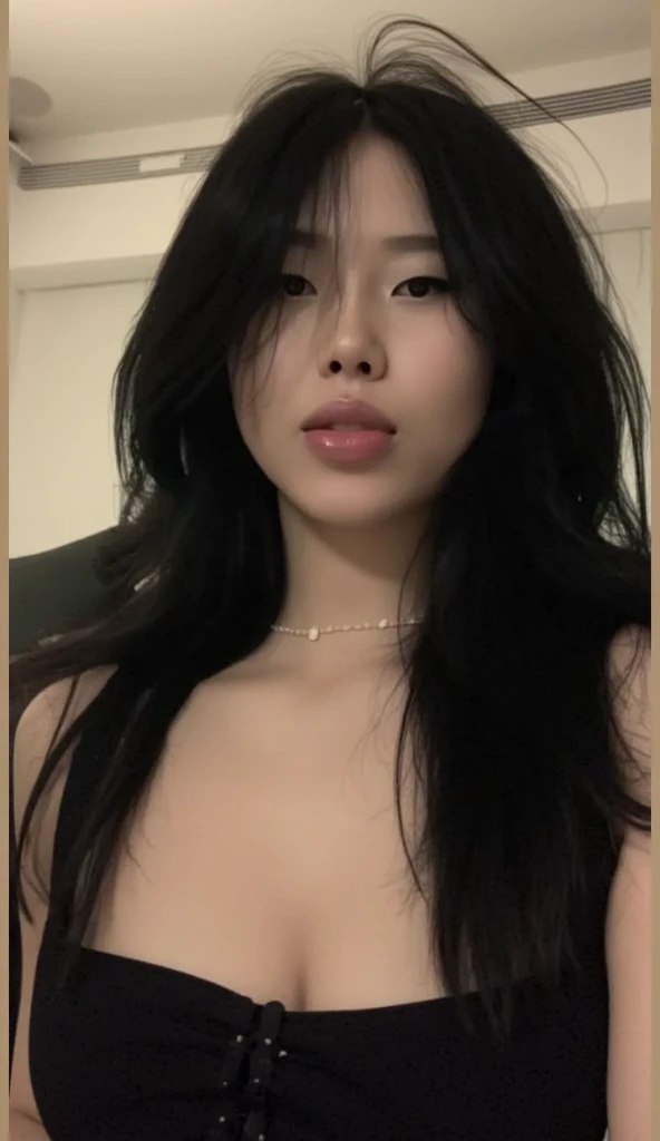 ((top-quality、8K、masterpiece:1.5))、1girl in、Beautiful woman、(The long black haired、small tits:1.2)、Super delicate face、Delicate eyes、double eyelid , colour tank top , tan skin , sexy wild , naughty, slim, tight sexy lips, photo style art , Japanese adult style porn , JAV , close up, close of face and breast, pokies, a lollipop