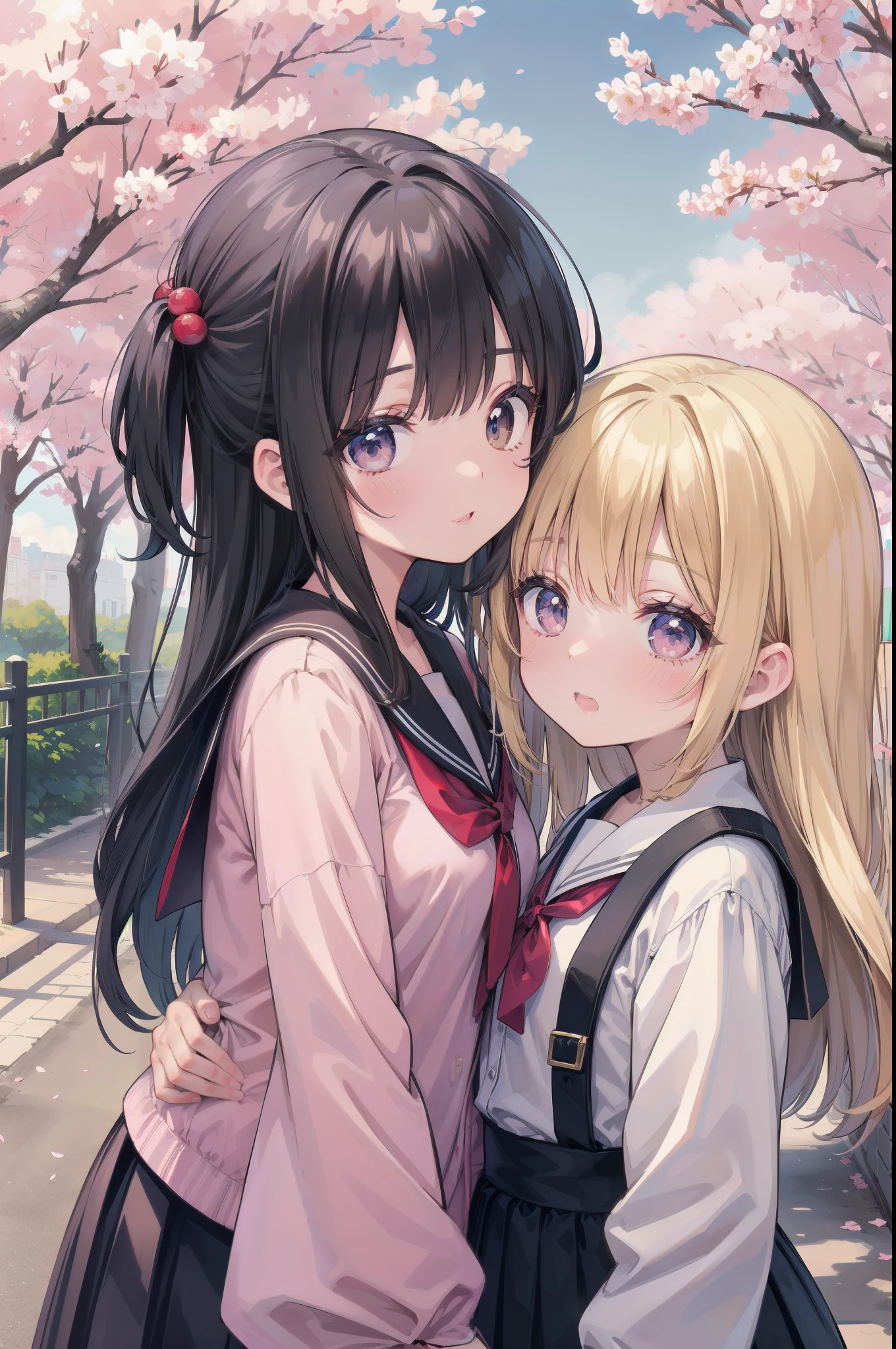 2girls, eyecatch, 1.15::rating:general::, no text, amazing quality, best quality, very aesthetic, absurdres, Digital illustration, anime style, year 2024, upper body, three quarter view, location, outdoors, spring, cherry blossoms, road, -2::halftone::, -2::photo background::, inset border, (半袖の夏服のセーラー服:1.5),
(ミニスカート:1.4),
(face close-up:1.4), (NSFW:1.2), (金髪碧眼:1.2), カチューシャ, (flat chest:0.8), (青空:1.5),