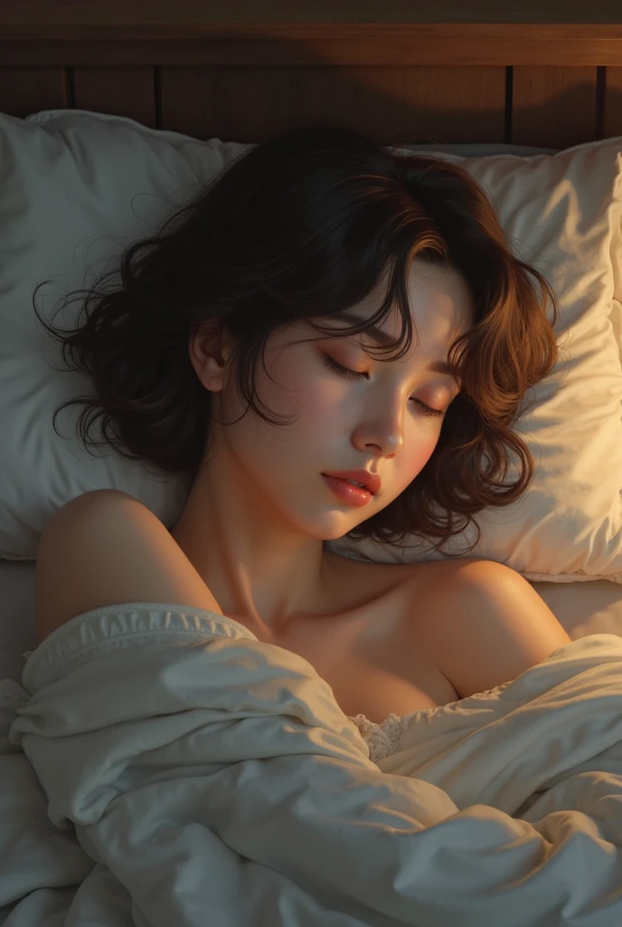 1 Girl, Top Quality, Masterpiece, Ultra High Resolution, (Photorealistic:1.4), RAW Photo, 1 Girl, Short Haircut, See Through Spaghetti Strap Shirt, Film Lighting, Half Body Portrait, Half Body Shot, Bedroom, Naked But covered with blanket, short cut, whimsical lighting, enchanting atmosphere, bokeh, dreamy decoration, whimsical lighting, enchanting atmosphere, sleepy face, eyes closed, lying on futon, pillow hug