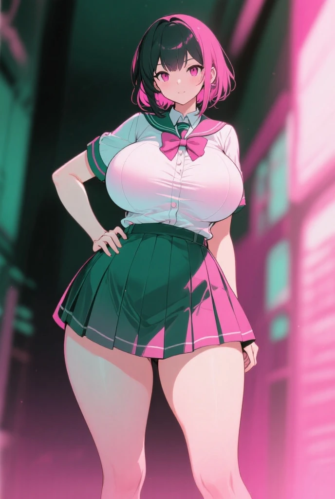 Pink and green hair, green eyes,tied t shirt and short skirt,big boobs,thigh legs, standing , smile
