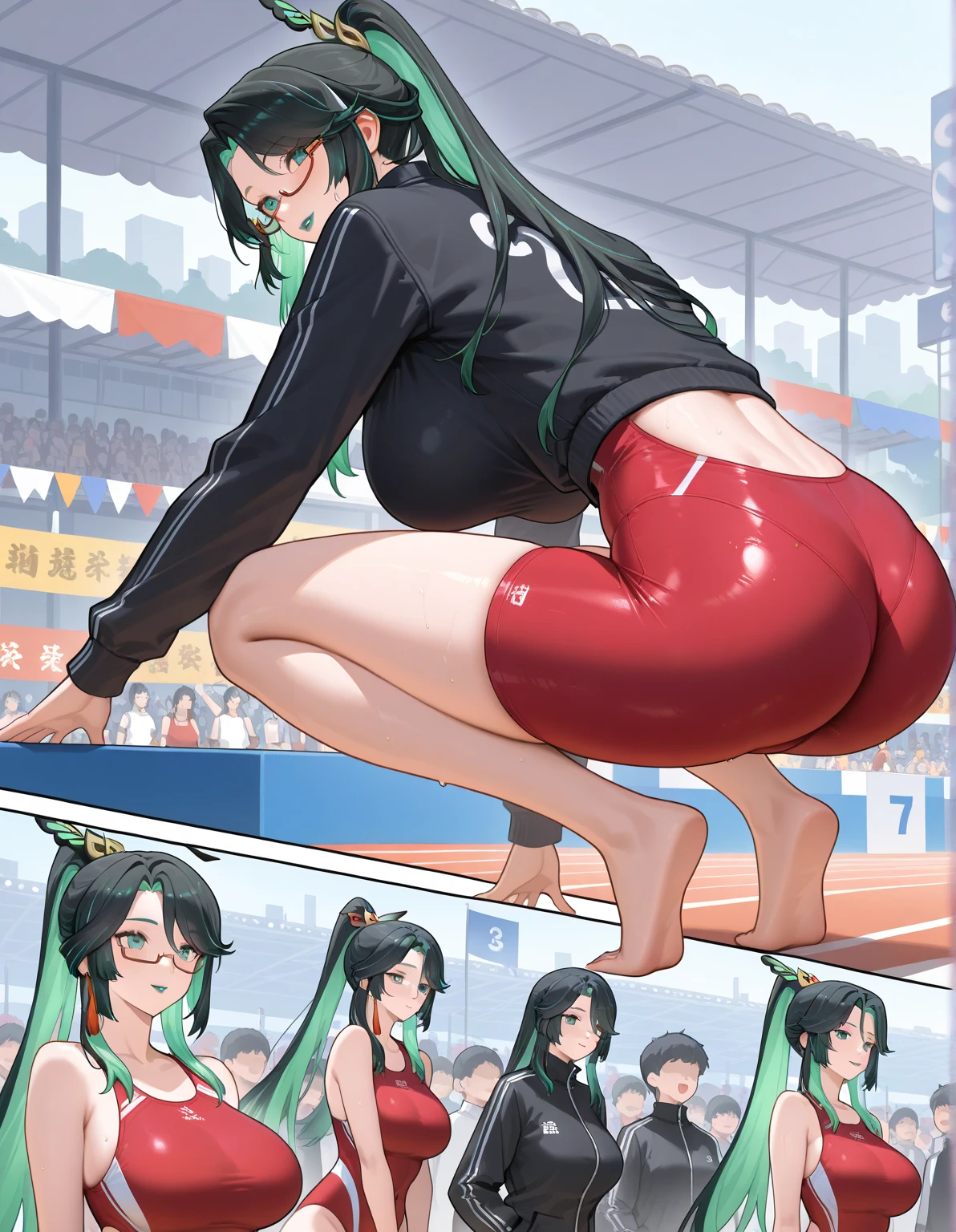 (melhor qualidade:1.3), (qualidade 4K), good composition, green glowing light, full body, head rest, lips, (pretty face, low-tied long hair, ((red_eyes:1.3)), (day:1.2),yor, , sweaty body, big eyes , wide bold lips, athletics stadium , extreamly voluptuous curvy body , , (low-rise tight panty) , perfect abs , thick calves, sweaty body, attractive smile, cheek blushed, looking at viewer, (((posterior view))、from behind , photorealistic, 8k, ultra realistic.
