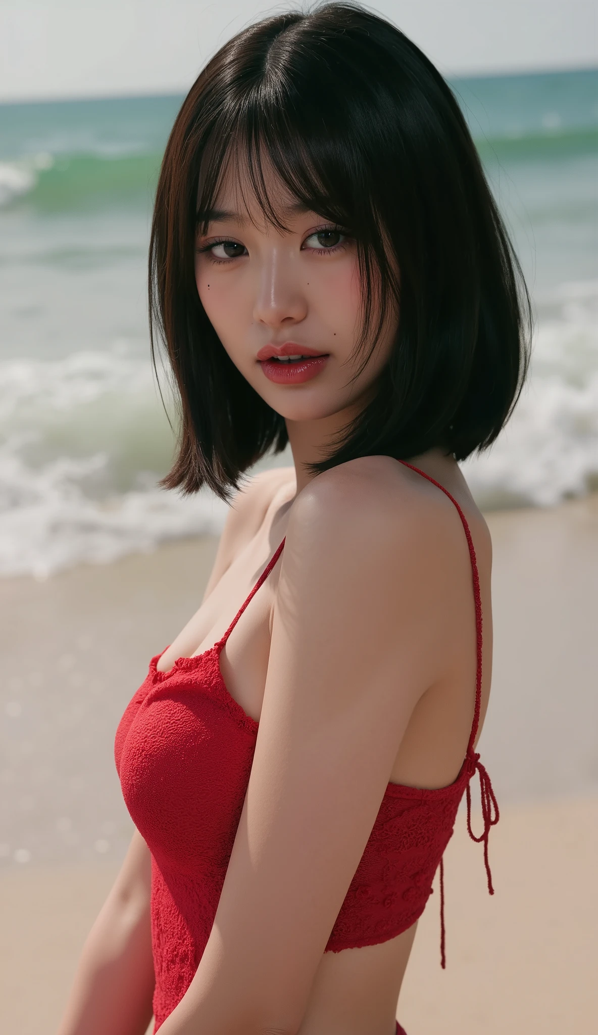 highest quality、(((1 girl)))、Big and ample breasts、Day、The light shines、Blur Background、Bokeh、Ocean)、(people々、かなりpeopleが集まる:1)、Tight swimsuit、Red frill bikini swimsuit、gorgeous short hair、amount:1.0)、eye、Beautiful sky depicted in detail、Wet Hair、(Upper Body:0.8)、Softly lit、Wind、Glowing Skin、Palm tree