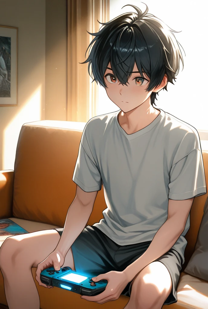 a boy sitting in a bedroom, wearing a white long sleeve shirt and purple underwear, viewed from the side,