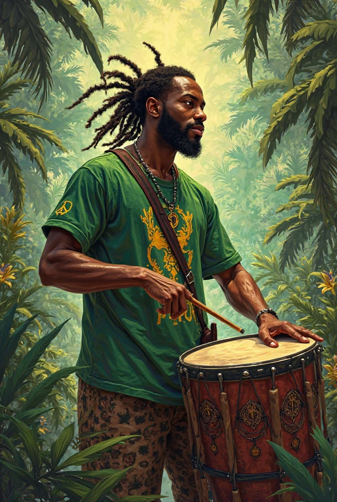 a black man - has only one right leg - on his head he wears a red cap - red shorts up to his knees - a pipe in his hand - speaks using vowels - in the background there is a bamboo grove and forest