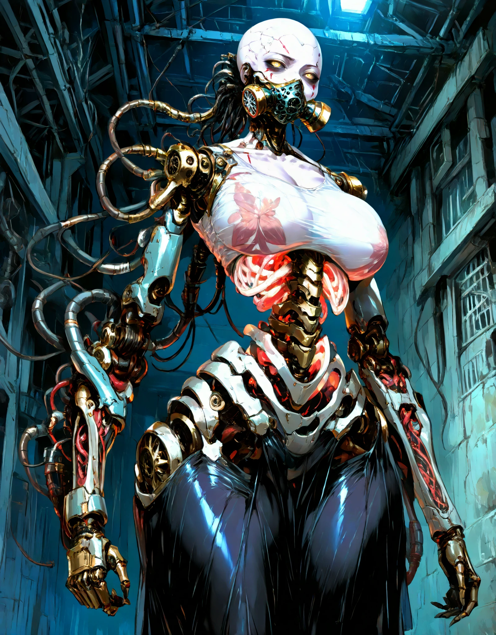 ((NSFW, , best quality, amazing quality, very aesthetic, extremely detailed, intricate details, minute details, detailed background, dramatic cinematic lighting:1.4,incredibly_absurdres, hard light:1.4, masterpiece 8k, vivid colors, rich palette, score_9, score_8_up, score_7_up), bridge, metal walls, metal roof, 1woman\(solo, (bald), no hair, pale skin, bags under the eyes, huge breasts, yellow eyes, black sclera\), gothic style, biomechanical elements, goth, goth look, segmented limbs, robot joints, cables and mechanical components, humanoid robot,ciborg,biocyborg, flesh body, visible skeleton, transparent_body, see-through_body, abo, horror, collarbones, black facial marks, ((flesh combined with technology)), white flesh, (cibernetic arms), ((big black arms:1.5)), metal skeleton fused with flesh, gas mask, dinamic pose, agressive, dark lights, 4 arms
