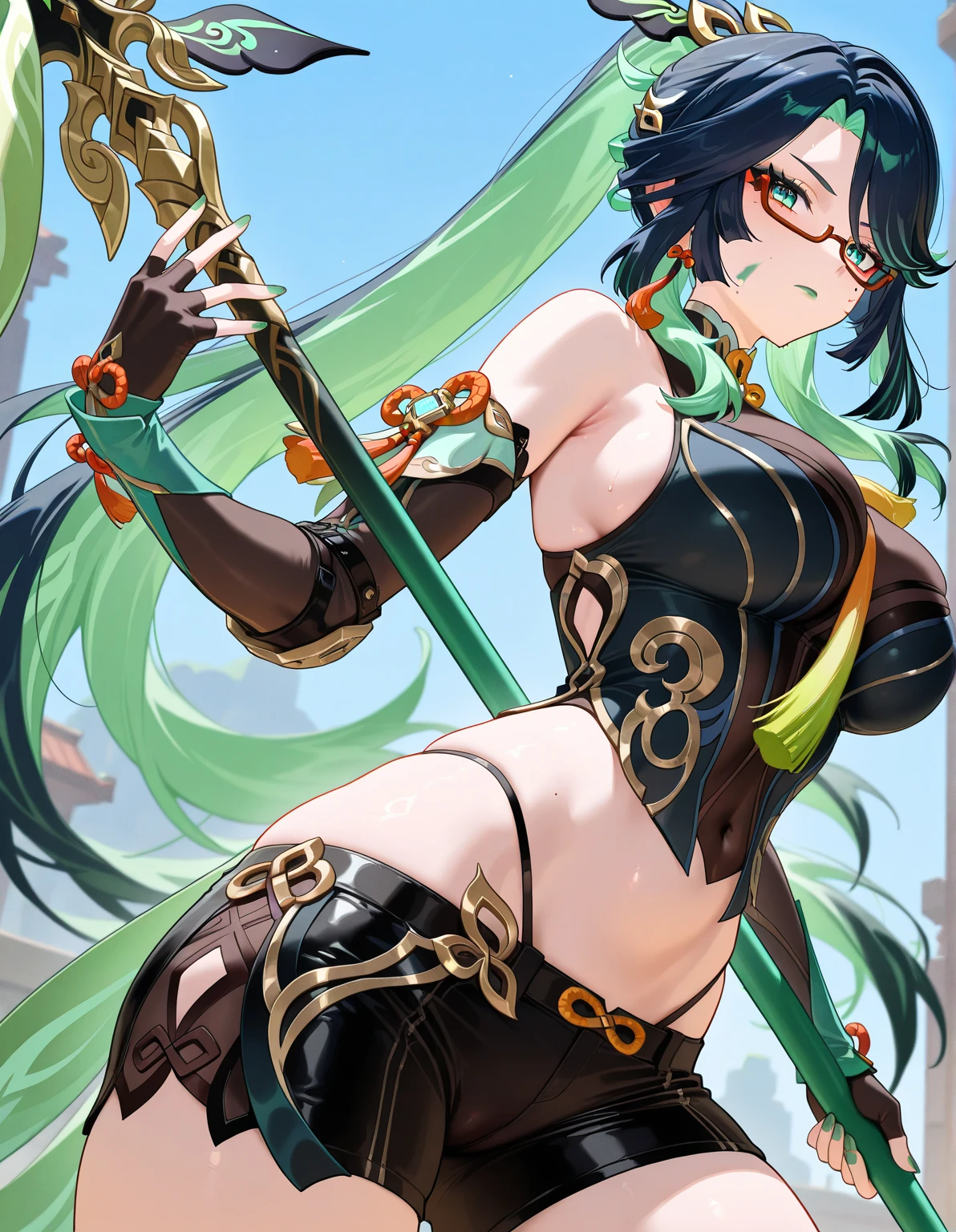 best quality, masterpiece, super high resolution, perfect anatomy, 1girl, black hair, long hair, hime cut, blunt bangs, black cat ears, black cat tail, green eyes, cat girl, glasses, medium breasts, cat eyes, :3, pale skin, mole_under_mouth, 23 years old, bikini armor, sword, helmet