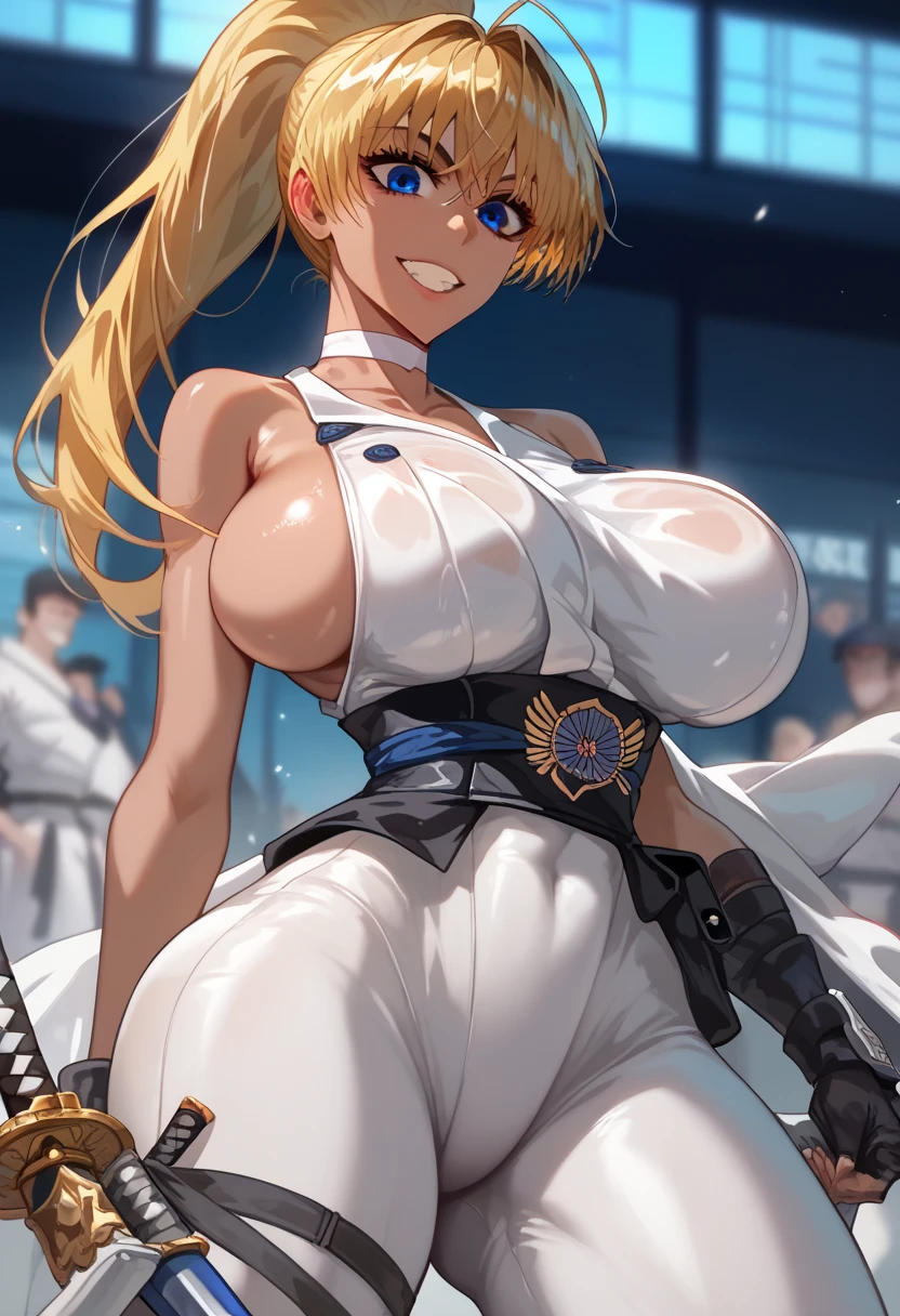 masterpiece, best quality, highres, th1, high collar, covered mouth, underboob, large breasts, long hair, midriff, revealing clothes, gloves, breasts tattoo, white pants, outdoors, standing, cowboy shot,