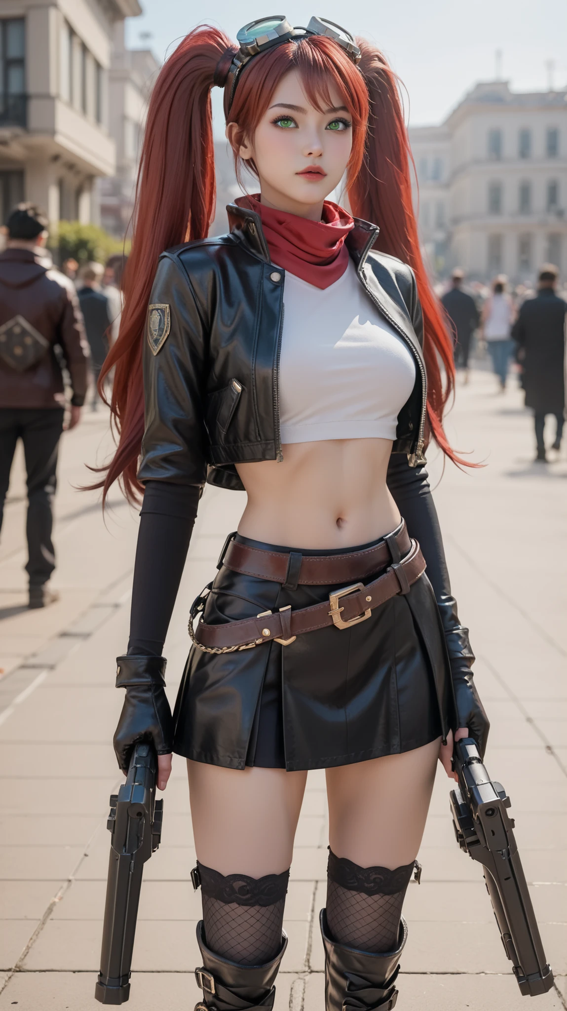 1girl, laylablazing, very long hair, red hair, twintails, bangs, green eyes, mascara, goggles on head, leather jacket, cropped jacket, midriff, navel, black skirt, red scarf, belt, bullet, bandolier, gloves, fishnet thighhighs, boots, big canon gun
