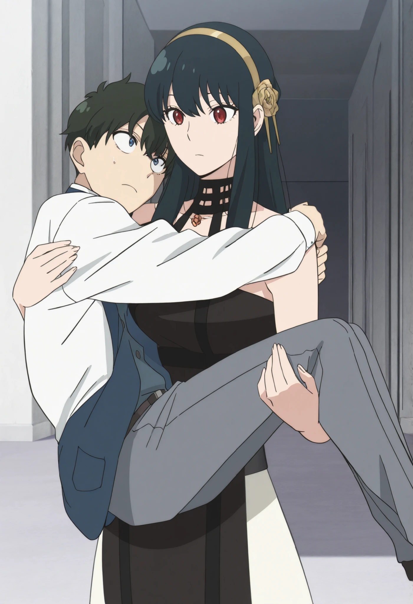 masterpiece, best quality, very detailed, , masterpiece, best quality, eyelashes, (Beautiful Eyes), cowboy shot, anime, Official Illustration,1girl, Yor forger, ,princess carry,1boy , loid forger, ,bridal style, female carrying male, role reversal,