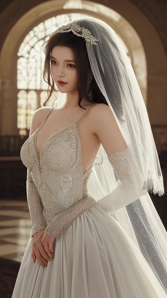 8K,tmasterpiece,detail in face,A woman in a wedding dress poses for a photo, sexy gown, Ethereal beauty, dressed beautiful gown, beautiful gown, kaftan, fantasy long intricate gown, gorgeous chinese models, Wedding dress, beautiful Korean women, opened dress, White gown, Ethereal!!!!!!!, Jaw-dropping beauty, very magical and dreamy, gorgeous and beautiful, jaeyeon nam, Lovely woman,(Wear jewelry,1.2),crisp breasts,Busty body,Close-up,laughingly