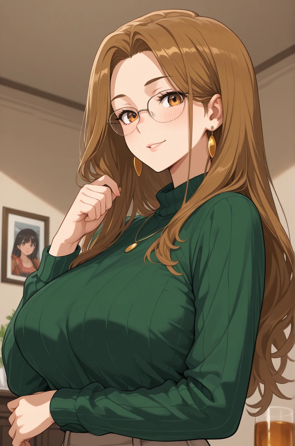 Wife 30 years old,Huge Breasts,Brown wavy hair,earrings,Smile,cloudy day,Sexy,noble,red glasses,green eyes,lipstick,Soaked all over,Sheer green military uniform,Meticulous background,In the ship channel