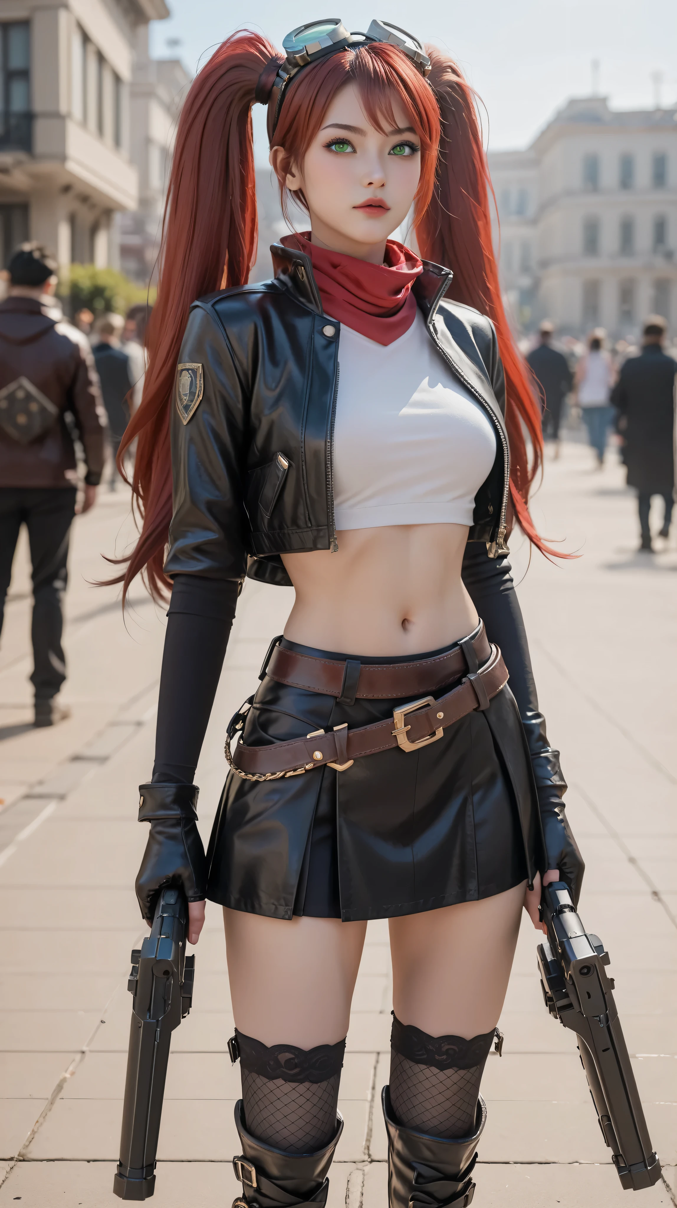 1girl, laylablazing, very long hair, red hair, twintails, bangs, green eyes, mascara, goggles on head, leather jacket, cropped jacket, midriff, navel, black skirt, red scarf, belt, bullet, bandolier, gloves, fishnet thighhighs, boots, big canon gun