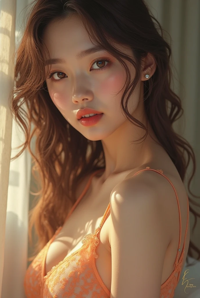 (Best quality, 8k, 32k, Masterpiece, UHD:1.2), (realistic:1.5), (masterpiece, Extremely detailed CG unity 8k wallpaper, best quality, highres:1.2), (ultra detailed, UHD:1.2), hyper sharp focus, Photo of extremely cute and beautiful Korean woman, (Korean idol face:1.3), (mahogany long wavy hair:1.2), adult, (detailed beautiful girl:1.4), best quality, woman, adult, (Thailand street:1.4), sexy pose, looking at viewer, facing the viewer, ((perfect female body)), (narrow waist:1.05), (cowboy shot), slender, abs, face ring light, face light, detailed human body, (white camisole:1.4), (nsfw:1.4)