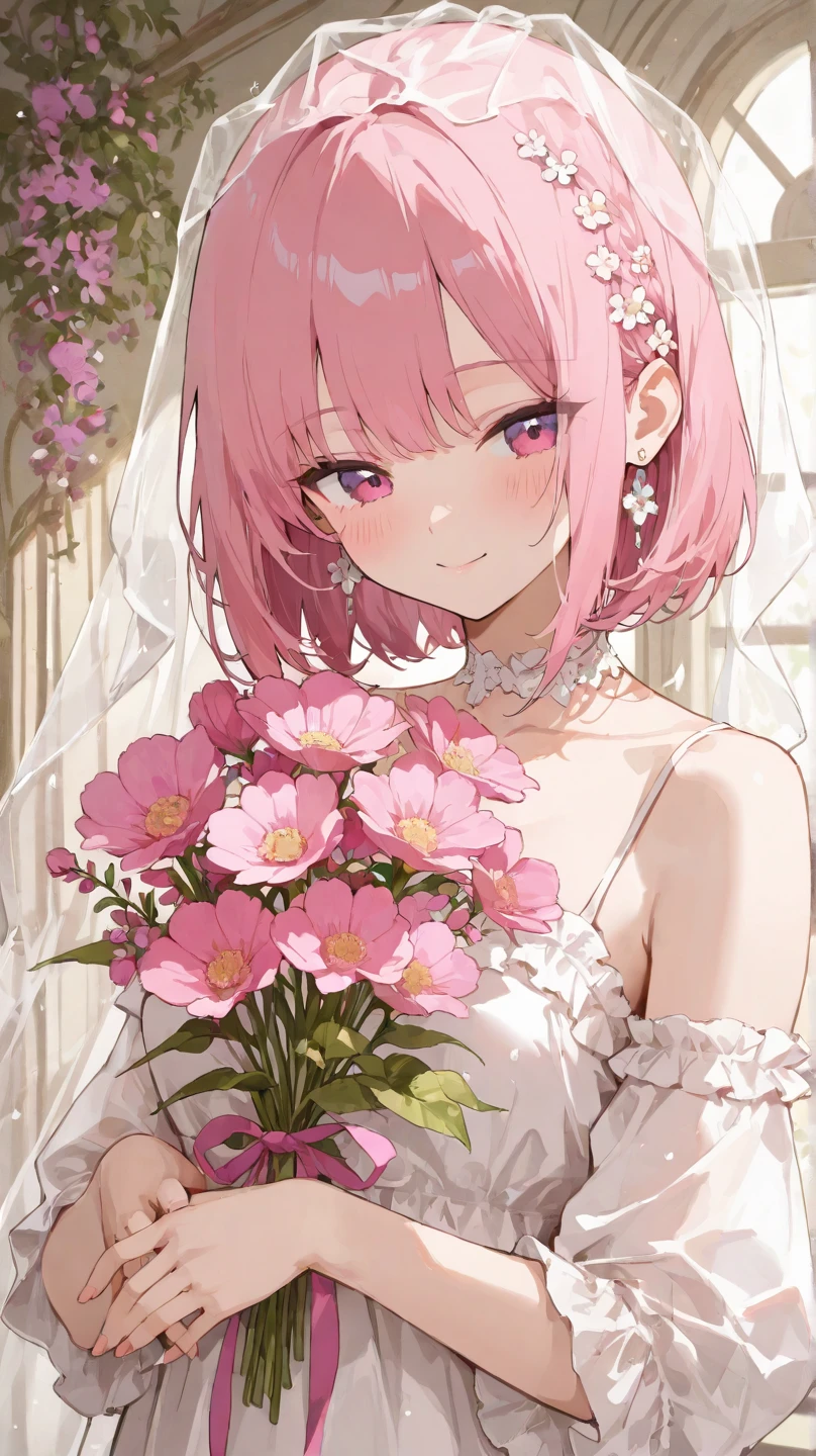 (masterpiece, best quality), super high resolution, (Top Quality photorealistic Illustration), (Super Definition), (cute illustration:1.3), (high Saturation:1.2), detailed beautiful face and eyes, very detailed background, dynamic lighting, (an extremely delicate and beautiful), nice hands, perfect hands, (appropriate posture), (appropriate configuration), ideal ratio body proportions, ((1girl)), solo,
(sitting), (front view:1.2), from above, dynamic angle, (close-up upper body), party venue
, tapestries and artworks, (night:1.3), BREAK, (manga style),(line art_animation),(cowboy shot, best quality, ),(photo of Laura Budd:1.2),(Laura adding details:1.0),8k, flat color:0.8,1 girl,smiling,(white babydoll, bedroom background,1.5),bob cut dark pink hair, beautiful detailed pink eyes, junior high school student, ,medium breasts, glamorous,Big Breast, holding a bouquet of roses
