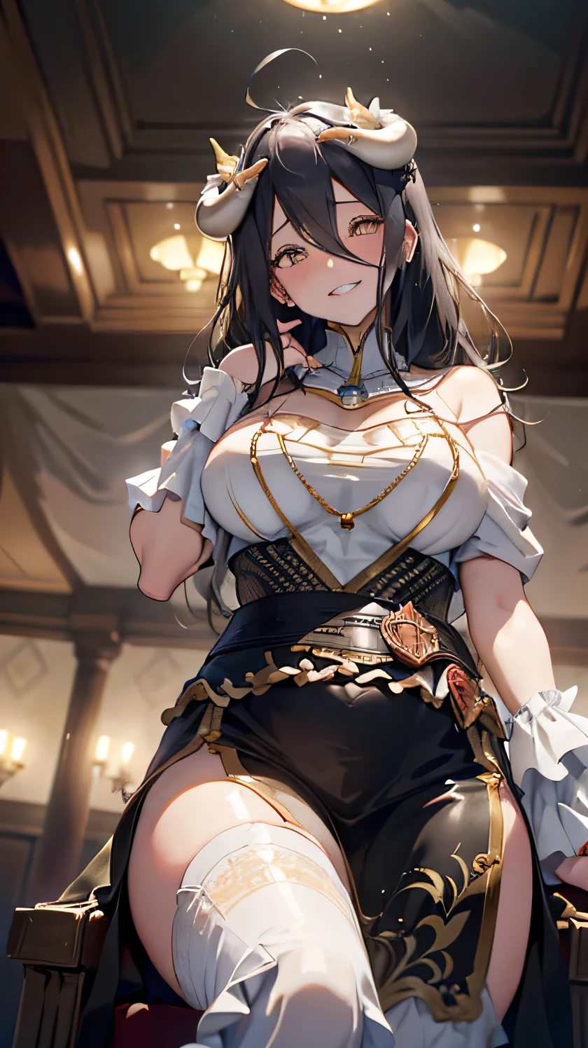 (sitting in a chair), (sitcrossleg), (extreme close-up of thigh), (The view is from very close below:1.5), Pushing hips forward, (stroking own chin), (cowboy shot),
evil grin, evil smile, half closed eyes, blush, drunken eyes,
looking down, looking at viewer,(head tilt),
1woman,(complete anatomy), albedo, ahoge, horns, black wings, 輝く黄色い目, slit pupils, (低い翼:1.1), (超詳細,非常に詳細),
(非常に詳細 CG unity 8k wallpaper),(鮮やかな色彩),{best illustration}, (誘惑的な目,自然な肌の質感, リアルな顔のディテール),
(betterhand,5本の指), very shiny 肌,光沢のあるボディ,(plastic glitter 肌),exaggerated shiny 肌,illuminated 肌,
グラマラス_高い_引き締まったウエスト_長い脚,曲線的,胸の谷間, (巨大なヒップ),(巨大な胸), 金のアクセサリー,
albedodef, slit pupils, dress, hip vent, white gloves, bare shoulders, white thighhighs,
(dark, rich background with subtle textures:1.2),(dramatic baroque lighting, chiaroscuro style:1.3),
(strong contrast of light and shadow highlighting :1.3), (lens for soft bokeh:1.3), (shallow depth of field focused on the :1.3),
(high resolution for fine detail:1.3),
(Royal palace), vast hall, indoors, (ruins), aglitter, intricately lined columns, a huge throne with rich decorations, gorgeous, staircase, marble floor, crimson carpet, white stone ceiling,