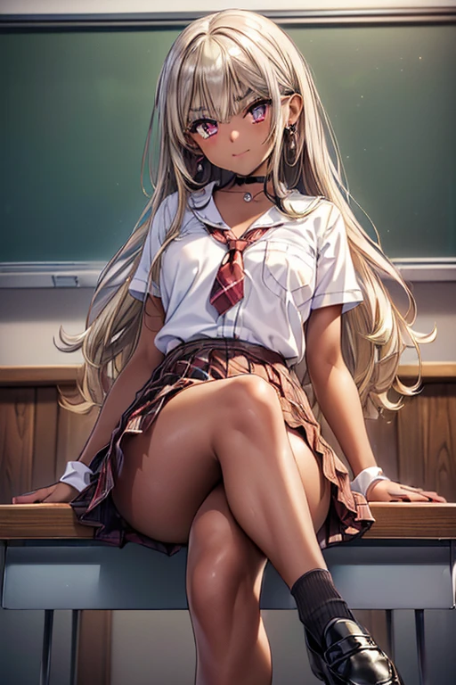 ((masterpiece、highest quality、Super detailed))、One girl、((Brown skin:1.3))、kogal gyaru、Blonde、Long Hair Wavy Hair、Grey Eyes、evil smile、((Grin))、Moderate breasts、((White collared shirt))、((Black pleated skirt))、((baggy socks))、sitting, knees up、spread legs、Sit on the bed、Classroom Background
