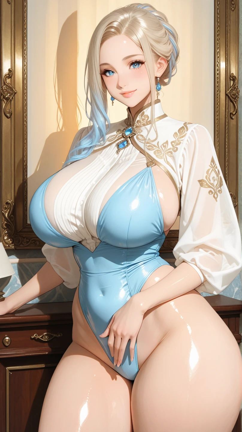 (best quality,masterpiece:1.4,Absurdres),portrait,((close up)),1girl,grey hair, yellow eyes, makeup,red lips,parted lips,long hair, bangs between eyes, Sidelocks,ponytail,((Large breasts,Cleavage)),beautiful girl, detailed eyes and face, Cinematic lighting, soft lighting, shiny skin,(from front:1.3),kyrie-style,(aesthetic and beautiful:1.4),(white and blue ornamental Chinese dress),dynamic pose,girl standing in ornamental brothel,night time