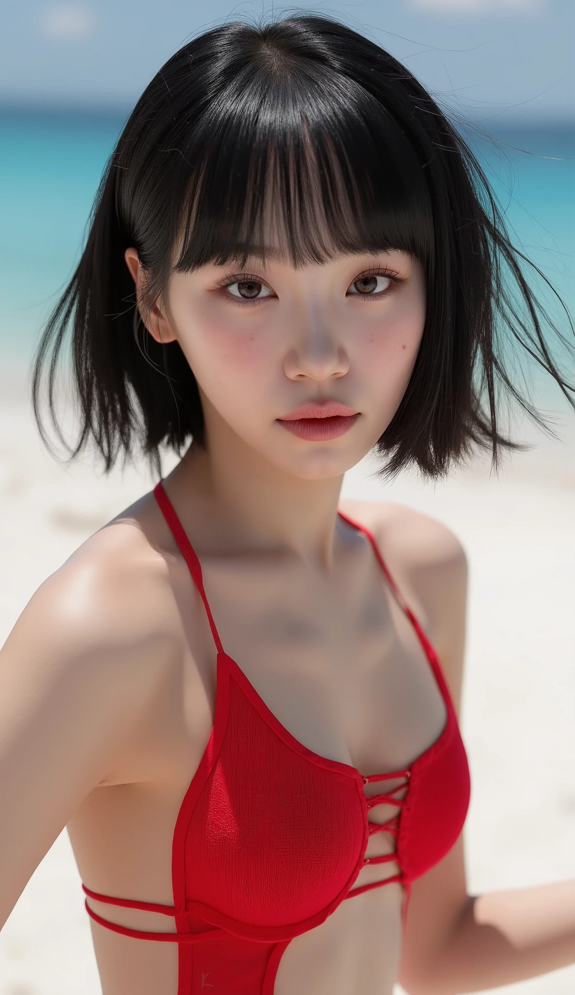 Realistic (photorealistic Realism 16K Quality), (high resolution detailed 8k), (ultra realistic details digital art), (best quality), (realistic texture details: velvety skin, hair), professional photography, (glamour shot of 1woman:1.4, 20-year-old), perfect eyes (intricately details realistic brown_eyes:1.22), ((finaly detailed round pupils)). detailed lips:1.3, (pink_lipstick:1.3), ((perfect dark_eyeshadows)), (Detailed nose:1.2), (Beautiful long legs in good style:1.25), (narrow waist: 1.4), (no bra, no panties:1.3), (firm and full breasts), medium butt, beautiful cheekbones, (slim belly: 1.2), (slim, muscular body: 1.2), (((wear: lace fishnets, mesh stocking:1.4))), {wear red ribbon(ultra narrow:1.35)},, ((wear a One-piece micro-slingshot swimsuit, (made entirely of red ribbon in the form of a micro-strings:1.3))), The attention to detail, satisfaction smile, dry skin. focus of a beautiful young woman, with a {bob haircut and black hair}, on a beach, highly detailed anatomy, ultra-detailed, sharp focus, physically-based rendering, vivid colors, bokeh, dynamic pose, sexy and seductive, exquisite balance of shadows.