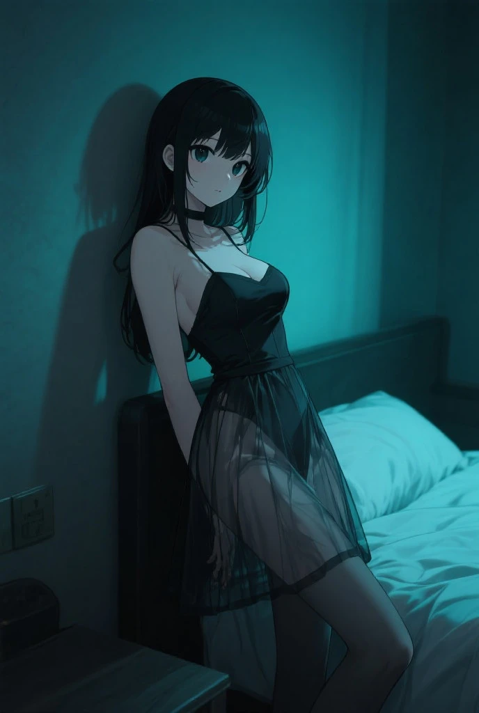 Best quality, masterpiece, ultra high res, (photorealistic:1.4), raw photo, 1girl, ((black lace nightgown)), ((small breast)), cold light