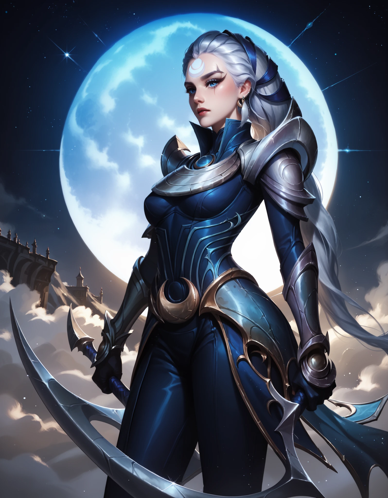 Diana from League of Legends, standing on a crescent-lit battlefield, long silver hair flowing, piercing pale blue eyes, wearing dark armor with silver crescent moon motifs, holding her (large), (curved crescent) blade, dramatic backlighting from a full moon, subtle blue mist around her feet, highly detailed digital painting, cinematic lighting. upper body illustration.