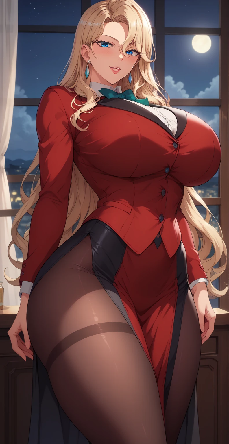 A woman,Long blond hair,Red eyes,Put on a military cap,Wearing a black bikini,Long legs,Nipple protrusion,Twenties,exposed,Black high heels,Huge breasts,超级Huge breasts,Standing