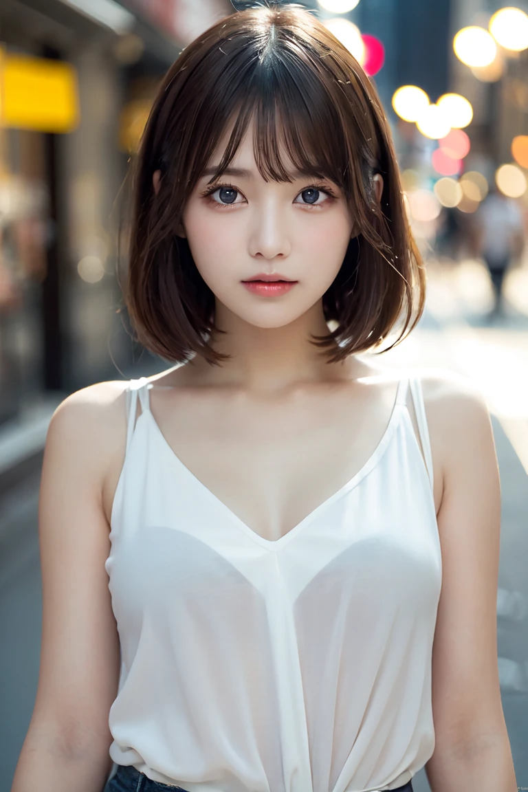 Ultra-high resolution, Superior Quality, highest quality, Super detailed, Realistic, 8k, RAW Photos, highest quality, masterpiece, Attractive girl, A wonderful girl, Brown Hair, Shoulder-length layered, Asymmetrical bangs, K-Pop Idols, Sophisticated, stylish, White blouse,Shibuya Ward,