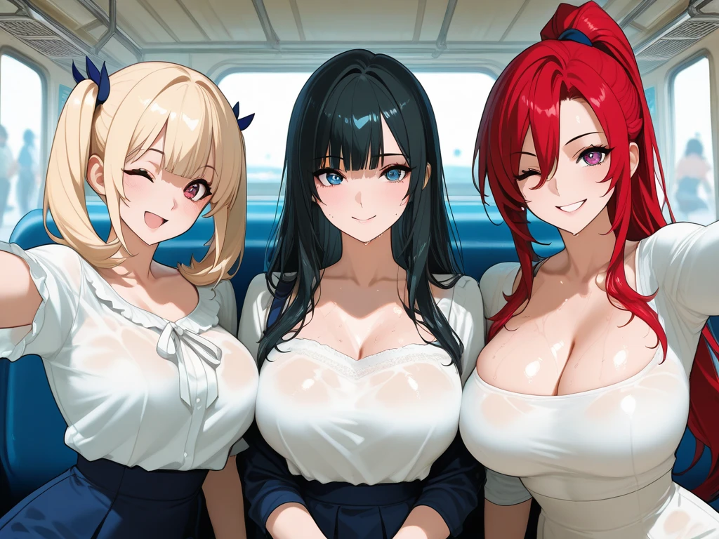 three sexy women who are wives of 4 years old boy, looking at camera, seductive smiles, portrait, various hair