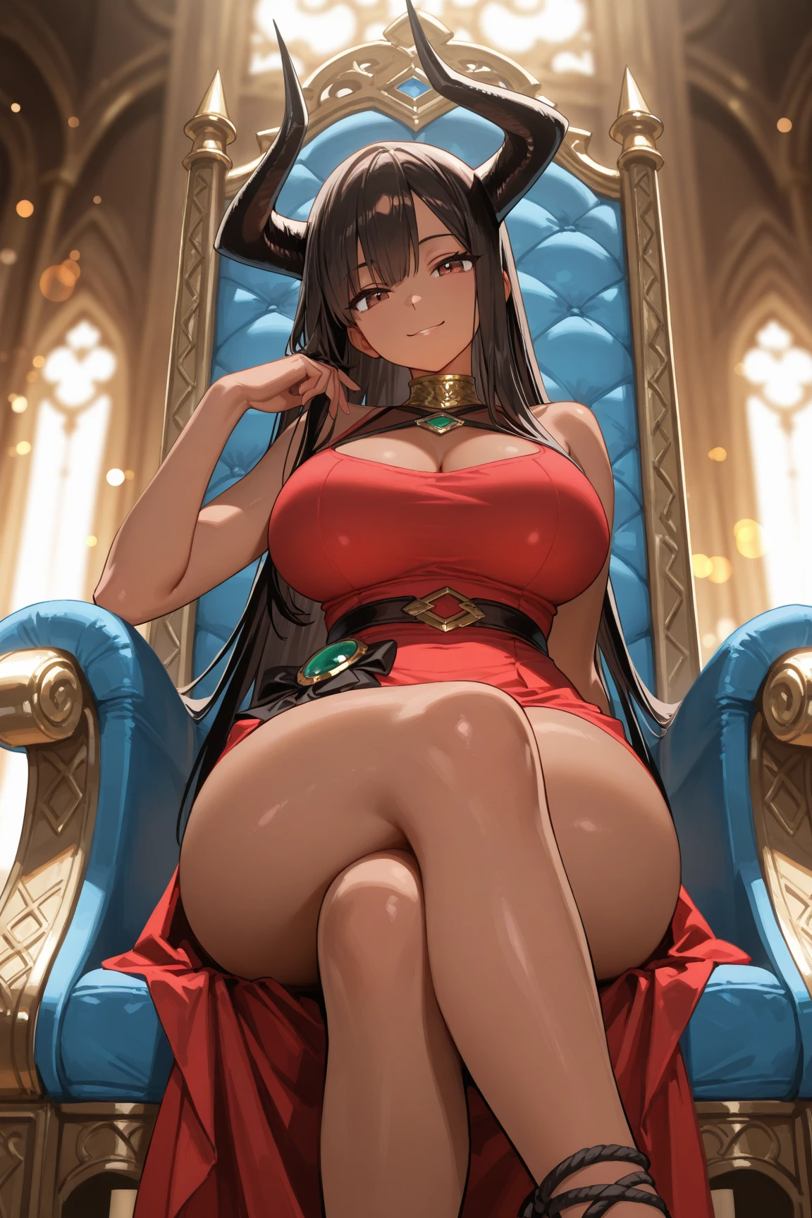 a woman with exaggerated large breasts, confident sitting on a throne, wearing a gorgeous red dress, a large ornate crown on her head, looking down at the viewer, detailed facial features, hyper-realistic, 8k, ultra-detailed, photorealistic, masterpiece, dramatic lighting, cinematic, oil painting、She is a Japanese woman、She is protected by the knights.