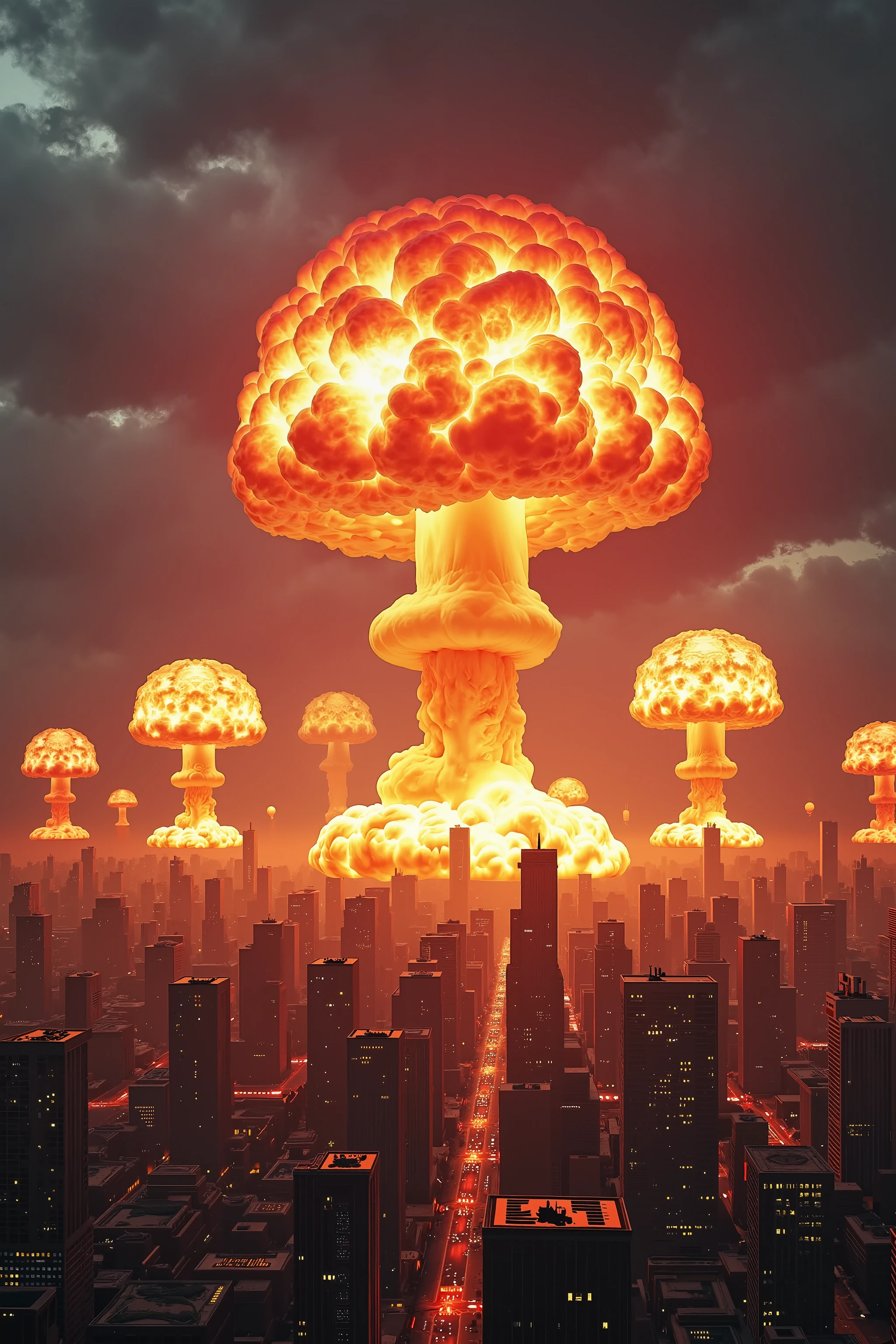 Ultra-realistic, Perspective; Satellite Image, thirteen nuclear bombs are detonated over a major modern city, twelve large mushroom shaped fireballs with one enormous triple story mushroom shaped ball of fire in the center. Multiple views. A beautiful site. Photorealistic, cinematic photography, cinematic lighting, cinematic portrait, portrait photography, realistic, realism, ultra detailed, UHDR, full focus, highest quality, hyperrealistic, 3D Rendering, 8K Octane, Cinematic, Cinematography, Digital Art, Photorealistic, Depth Of Field, Extra wide angle view, Best Quality, Award Winning, Masterpiece