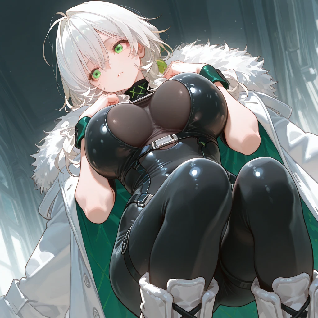 (High resolution, best quality, masterpiece), detailed, ultra detail, 1female, physically fit, curvy, slender body, fierce expression, dark eyes, (detailed eyes), green hair, short length hair, full body, ((dragon horns)), ((face: dragon scales)), face covered in scales, ((topwear: fur lined coat, bottomwear: tight jeans)), snow background, part draconic, somber expression, inhuman, reptilian skin